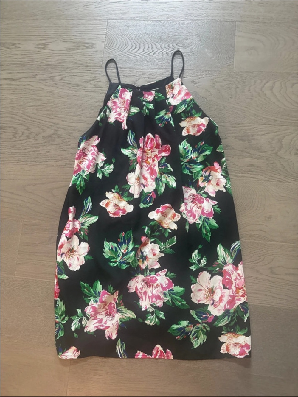 Monteau Black Floral Mini Dress with Pink & Green Print